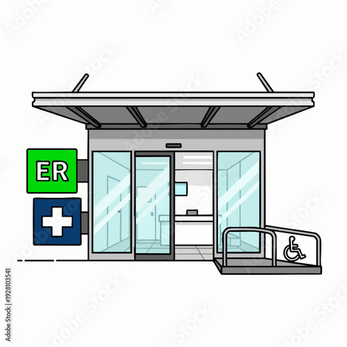 Emergency room entrance with wheelchair access ramp illustration; modern hospital exterior with ER sign and sliding glass doors; clean medical facility