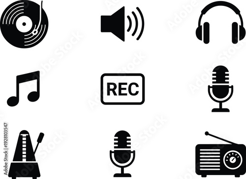 Music and audio icons set with microphone headphones vinyl record speaker radio recording symbols vector illustration