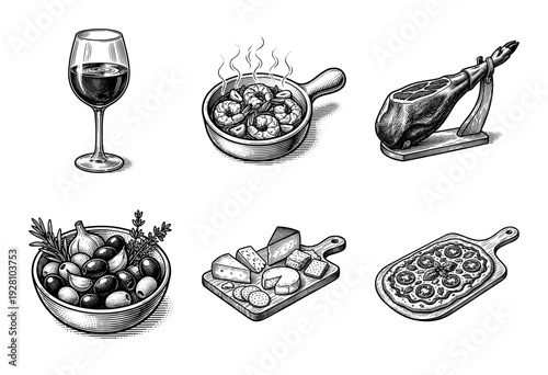 Set of hand drawn woodcut style illustrations featuring spanish tapas appetizers wine and mediterranean cuisine elements