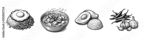 Vintage woodcut style illustration set featuring Thai basil chicken with fried egg, green curry, mango sticky rice, and fresh chili garlic ingredients.