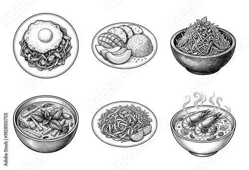 Thai food collection featuring hand drawn sketches of pad thai tom yum soup and mango sticky rice