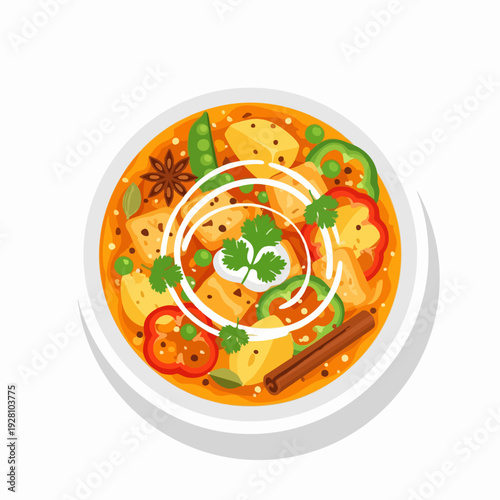 Delicious paneer butter masala illustration with paneer cubes bell peppers peas cinnamon stick in a bowl and cilantro garnish culinary dish vector