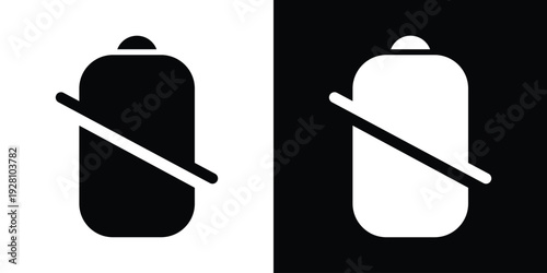 Solid battery icon with a diagonal slash indicating disabled or disconnected power. Vector graphic for no battery, power failure, or empty state in black and white contrast.
