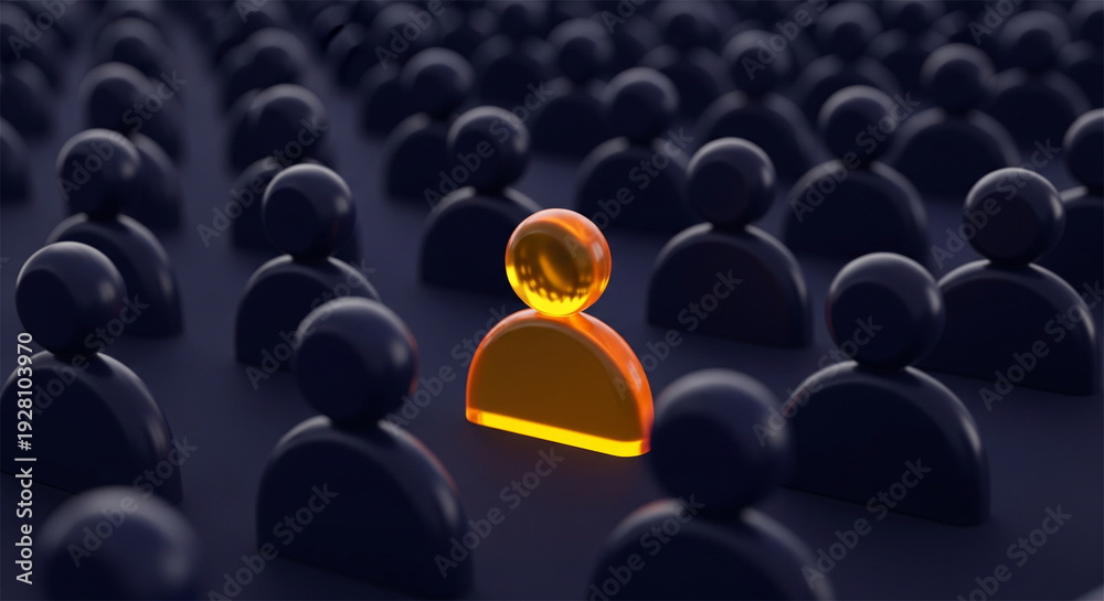 Obraz premium One glowing figure stands out from a crowd of dark silhouettes, symbolizing uniqueness and leadership.