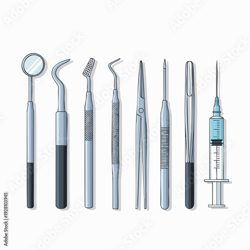 Dental tools set illustration: mirror probe excavator tweezers scaler needle and syringe for oral hygiene and teeth care in cartoon style
