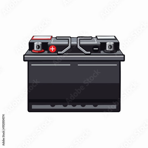 Graphic vector illustration of a car battery with terminals and connector black case clean design auto part isolated for commercial use