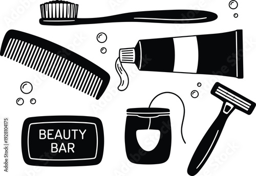 Personal Hygiene and Grooming Icons Set Featuring Toothbrush Toothpaste Comb Razor Dental Floss and Beauty Soap Illustration