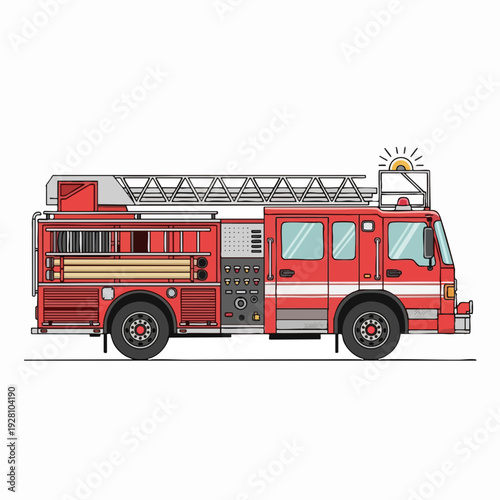 Detailed red fire engine illustration with ladder on white: emergency vehicle firefighting equipment and safety design element