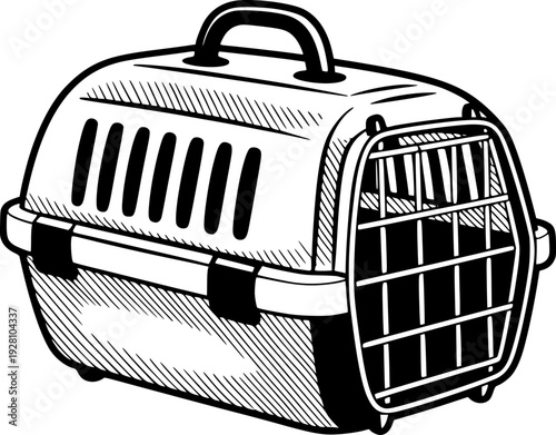 Black and White Line of a Pet Carrier with Handle and Grated Door transport animal