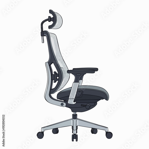 Ergonomic office chair illustration in vector style: adjustable height and tilt lumbar support seating for corporate workspace