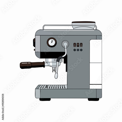 Espresso machine vector illustration in flat design with gauges portafilter and buttons; ideal for cafe menus and coffee-themed designs
