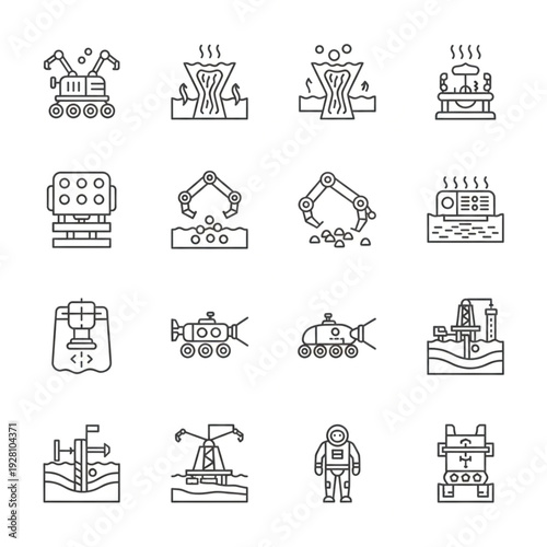 Deep Sea Underwater Mining and Submersible Robotics Line Icon Set.