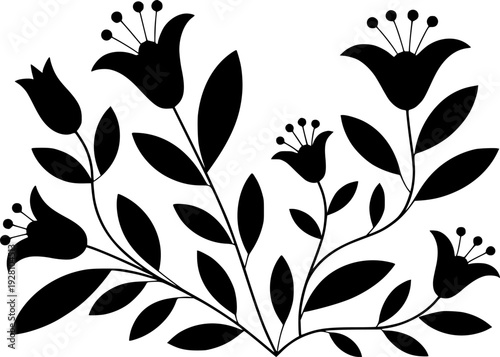 Black Silhouette Floral Pattern With Bell Shaped Flowers and Leaves White Background