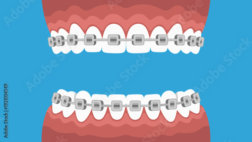 Close up view of human teeth with metal braces blue background mouth dental