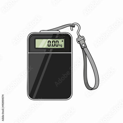 Digital luggage scale with black casing and gray strap for travel weight measurement vector illustration on white background