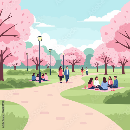 A vibrant spring park scene with people walking and picnicking under blooming cherry blossom trees.
