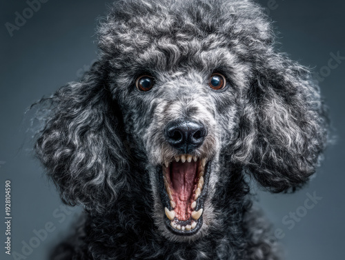 Expressive poodle caught midgasp with dramatized lighting setup. Vivid studio photograph of startled poodle showing intense emotion and dramatic shadows