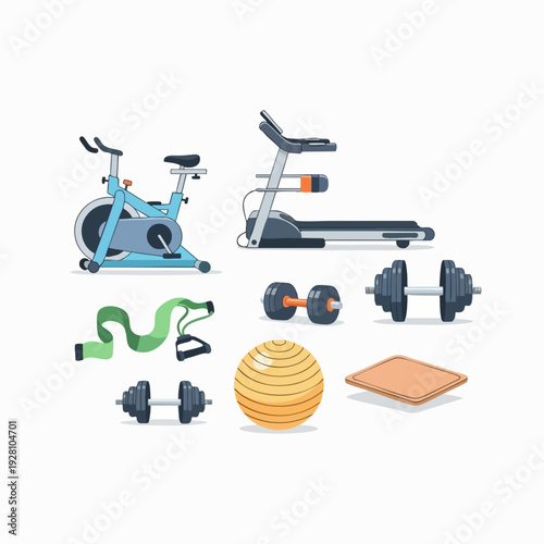 Fitness equipment set with exercise bike treadmill dumbbells and resistance band in cartoon style for home gym and workout concepts