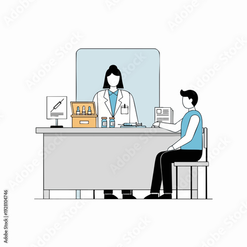 Doctor consulting with a patient in office with vaccine and medical supplies in doodle style vector illustration for healthcare and medicine concept