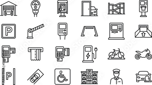 Parking garage and urban service line icons set with meters barriers vehicles and accessibility