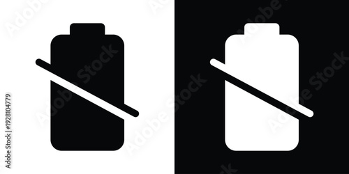 Solid battery icon with a diagonal slash indicating disabled or disconnected power. Vector graphic for no battery, power failure, or empty state in black and white contrast.