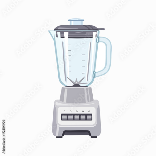 Electric blender vector illustration in kitchen appliance style; food preparation equipment with gray base and clear jug for smoothie making