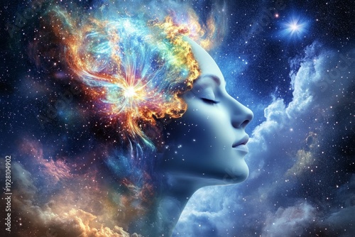 A woman with her eyes closed, and the sky behind is filled with stars. The head of an adult female has cosmic energy flowing from it, creating visual effects that blend into each other