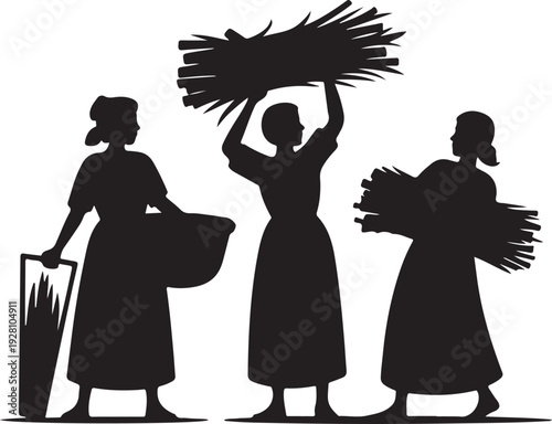 Women Carrying Firewood Silhouette Vector,Rural Village Women with Wood Bundle Illustration