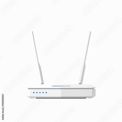 Flat vector illustration of a white wireless router with antennas and blue indicator lights isolated on a clean white background for design use