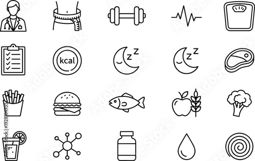 Set of health and fitness line icons including doctor nutrition sleep workout diet medical wellness symbols isolated on background white backdrop