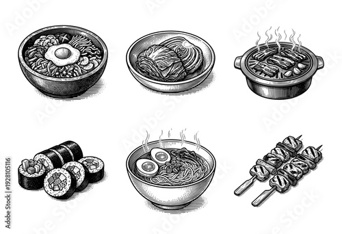 Set of hand drawn woodcut style illustrations featuring popular Asian cuisine including ramen sushi bibimbap and grilled skewers on a white background.