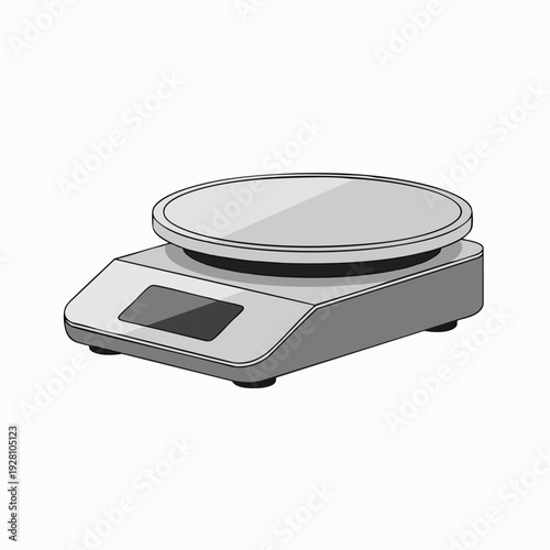 Electronic scale illustration for precise measurements in laboratory or kitchen; gray digital scale with round platform for accurate weight display