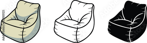 Bean bag chair silhouette & Outline and illustration set isolated on transparent background