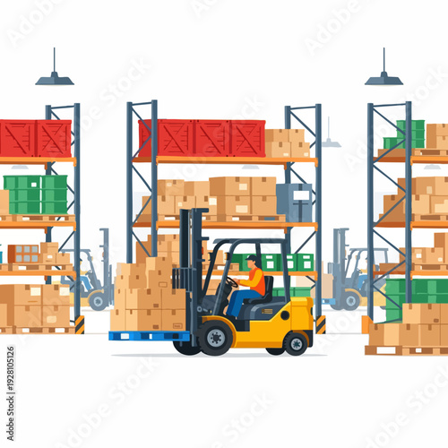 Forklift operator moving boxes on pallets in warehouse shelves vector illustration showcasing logistics distribution and industrial storage