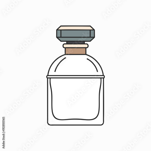 Elegant clear glass perfume bottle with gray geometric stopper minimalistic design in linear vector style clean presentation for beauty product imagery