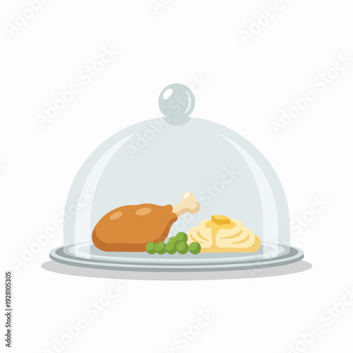 Freshly prepared roast chicken leg dinner served on plate with mashed potatoes peas under cloche culinary cartoon illustration for food service and menu design