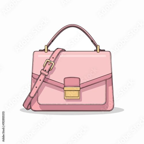 Elegant pink leather satchel handbag illustration with gold hardware and adjustable strap; perfect for fashion and accessory design elements