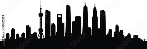 A distinct modern city skyline featuring a mix of skyscrapers and towers silhouette, a clean white background