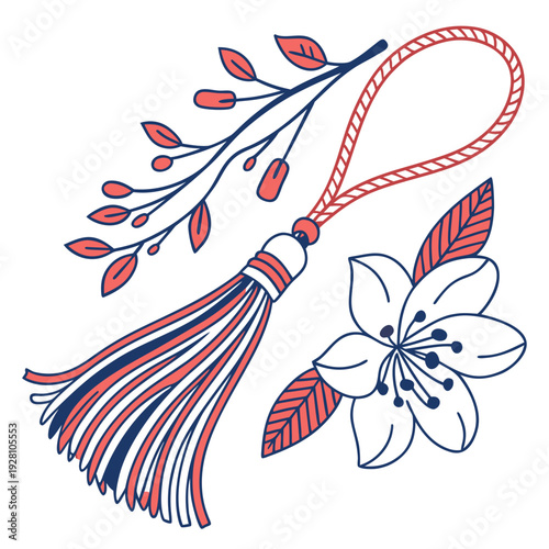 Elegant martisor vector design with braided tassel and blooming cherry blossom flower with leaves for celebrating the arrival of spring in march