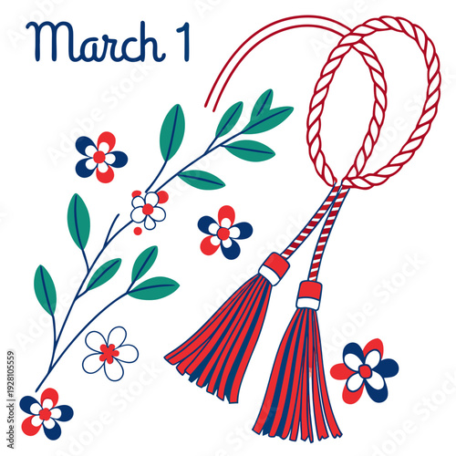 Martisor celebration vector illustration featuring traditional red and white cords with tassels and colorful spring flowers for romanian march first