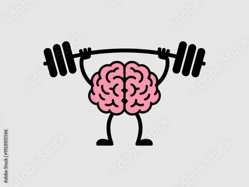 Pink cartoon brain character lifting heavy black barbell with weights grey background