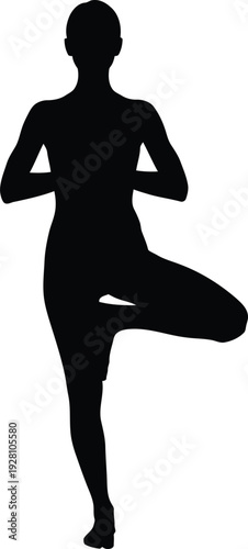 A human figure gracefully executing a recognizable yoga pose, such as Tree Pose, silhouette, a clean white background