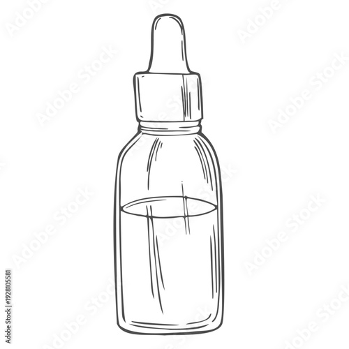 Essential oil bottle sketch. Hand drawn vector illustration. Natural skincare, aromatherapy, perfumery, and organic cosmetics logo design.