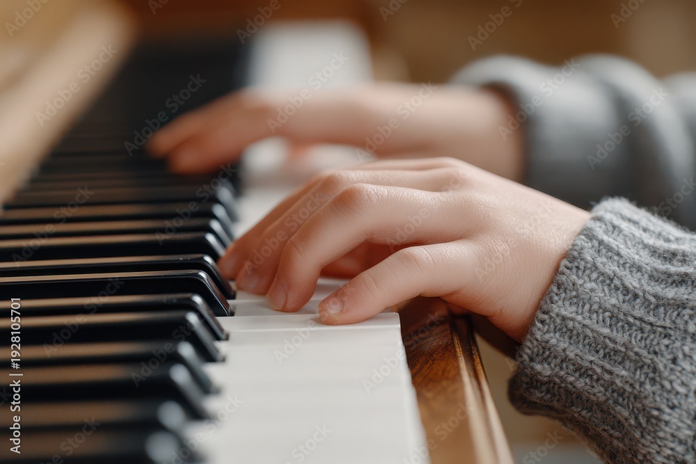 Fototapeta premium Close-up shot capturing the hands of a young person playing a piano, focusing on the keys and the delicate touch, highlighting the musical moment and texture.