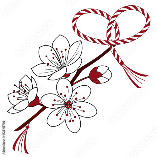 A detailed cherry blossom branch with delicate flowers and buds, adorned with a traditional martenitsa symbol of intertwined red and white thread