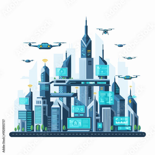 Futuristic city skyline with flying drones digital displays and innovative architecture in blue and teal vector design