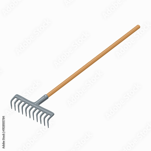 Gardening rake with long wooden handle and gray metal head for raking leaves and soil in garden isometric vector illustration