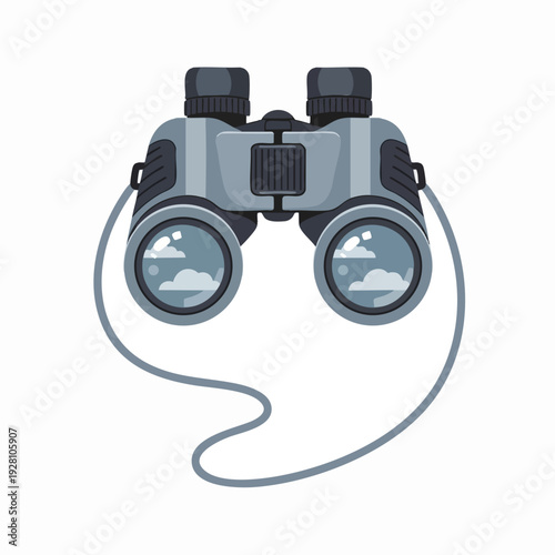 Gray binoculars with clouds reflecting in lenses vector illustration; travel and outdoor adventure viewing equipment; searching and exploring concept