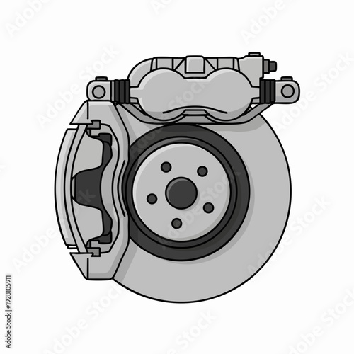 Gray brake caliper with rotor disc illustration; Automotive braking system design for vehicle repair; car part graphic element