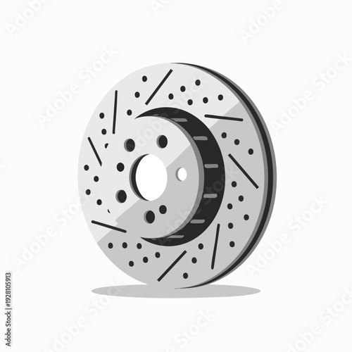 Gray car brake disc rotor with slotted and drilled surface design isolated for vehicle safety and performance vector illustration